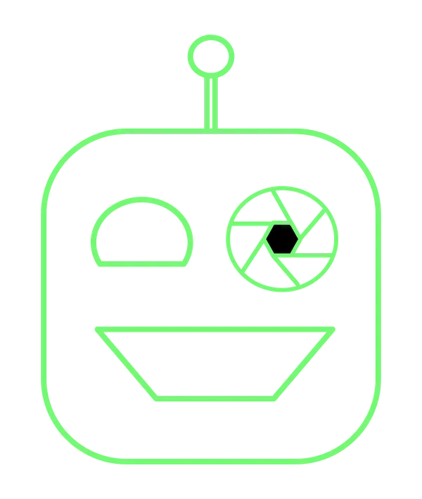 A cartoon robot with a camera lens for an eye
