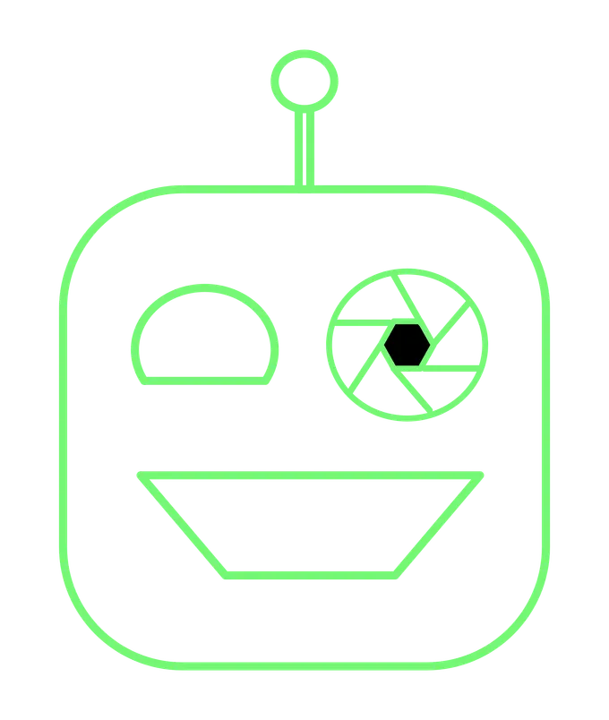 A cartoon robot with a camera lens for an eye